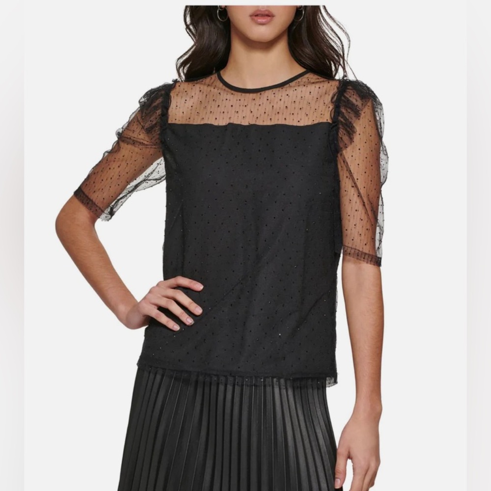 DKNY Womens Embellished Puff Sleeve Blouse NWT XL